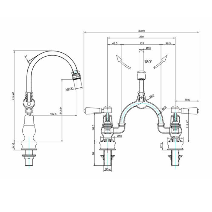 Burlington Regent Смеситель для раковины на 2 отверстия, излив 21h см, цвет: хром/орех глянцевый KER28-QT WAL