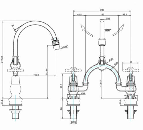 Burlington Regent Смеситель для раковины на 2 отверстия, излив 21h см, цвет: хром/белый глянец CLR28-QT