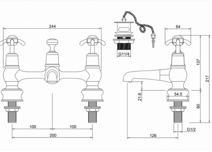 Burlington Regent Смеситель для раковины на 2 отв, излив 2,2h см, с пробкой, цвет: хром/белый глянец ANR10-QT