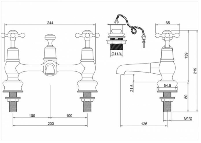 Burlington Regent Смеситель для раковины на 2 отв, излив 2,2h см, с пробкой, цвет: хром/белый глянец CLR10-QT