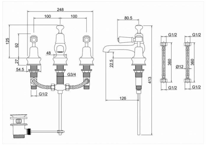 Burlington Regent Смеситель для раковины на 3 отверстия, излив 2,2h см, цвет: хром/белый глянцевый KER12-QT
