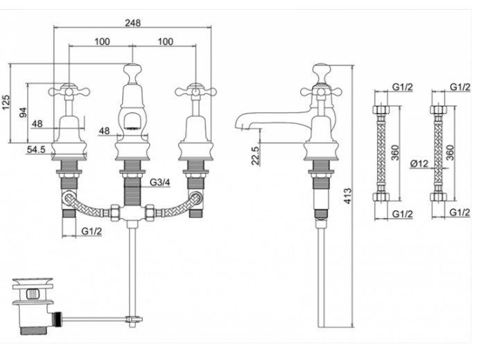 Burlington Regent Смеситель для раковины на 3 отверстия, излив 2,2h см, цвет: хром/белый глянцевый CLR12-QT