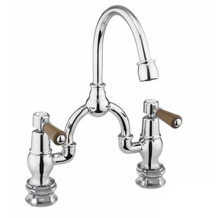 Burlington Regent Смеситель для раковины на 2 отверстия, излив 20h см, цвет: хром/орех глянцевый KER27-QT WAL