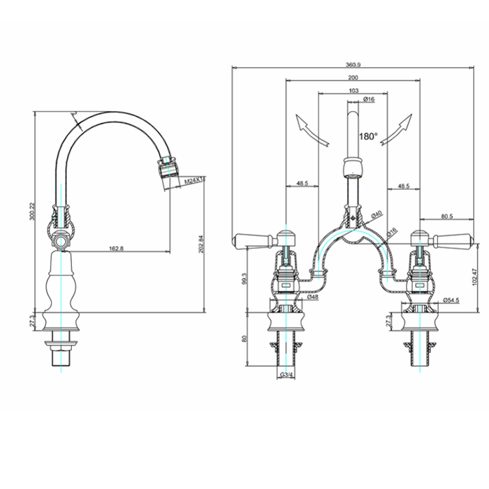 Burlington Regent Смеситель для раковины на 2 отверстия, излив 20h см, цвет: хром/орех глянцевый KER27-QT WAL