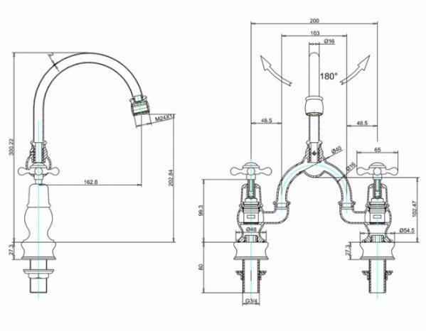 Burlington Regent Смеситель для раковины на 2 отверстия, излив 20h см, цвет: хром/белый глянец CLR27-QT