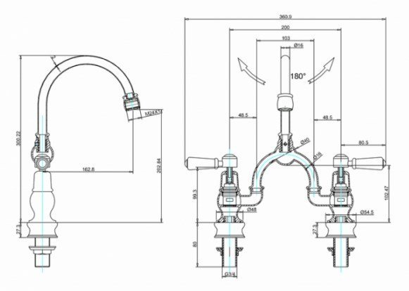 Burlington Regent Смеситель для раковины на 2 отверстия, излив 20h см, цвет: хром/белый глянец KER27-QT