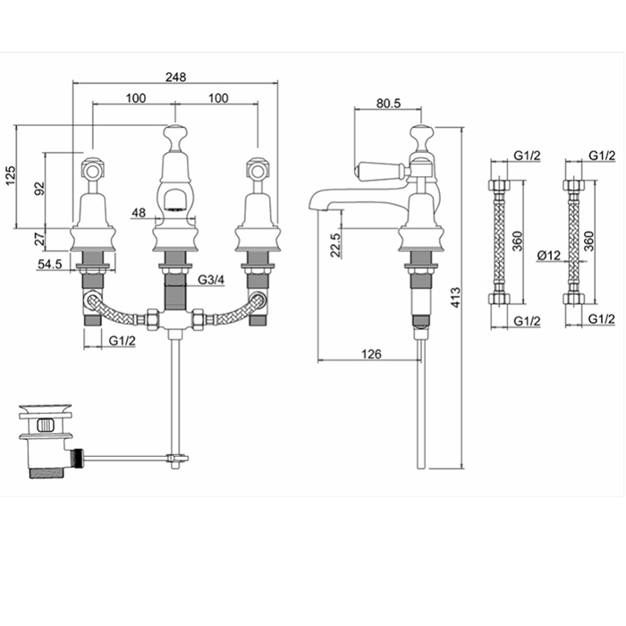 Burlington Regent Смеситель для раковины на 3 отверстия, излив 2,2h см, цвет: хром/орех глянец KER12-QT WAL