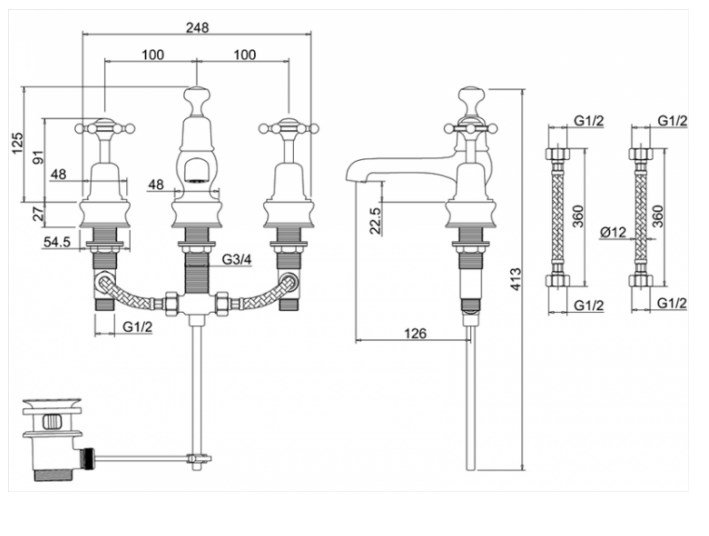 Burlington Regent Смеситель для раковины на 3 отверстия, излив 2,2h см, цвет: хром/белый глянцевый BIR12-QT