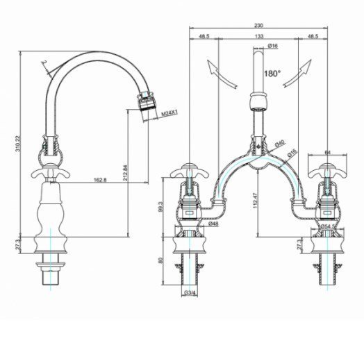 Burlington Regent Смеситель для раковины на 2 отверстия, излив 21h см, цвет: хром/белый глянец ANR28-QT