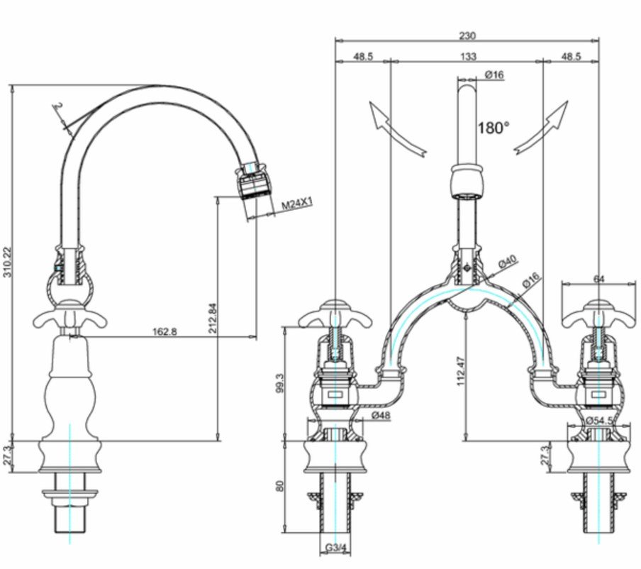 Burlington Regent Смеситель для раковины на 2 отверстия, излив 21h см, цвет: хром/белый глянец BIR28-QT