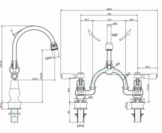 Burlington Regent Смеситель для раковины на 2 отверстия, излив 21h см, цвет: хром/белый глянец KER28-QT