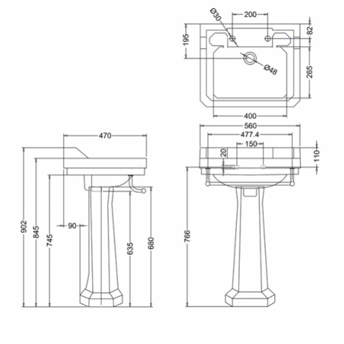 Burlington Classic Раковина подвесная 56х47 см с переливом, 3 отв. под смеситель, цвет: белый глянец B4 3TH