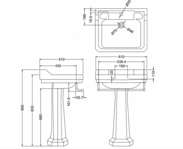 Burlington Classic Раковина подвесная 61х51 см с переливом, 3 отв. под смеситель, цвет: белый глянец B5 3TH
