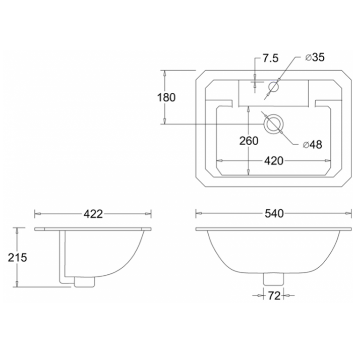 Burlington Classic Раковина встраиваемая сверху 54х42 см, с переливом, цвет: белый глянцевый B13 1TH