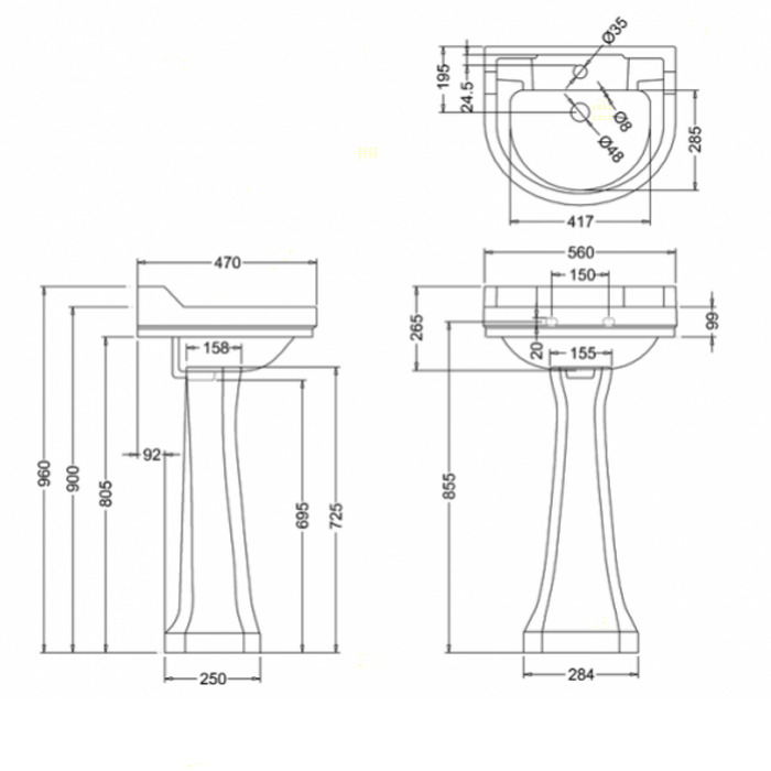 Burlington Classic Раковина подвесная 56х47 см с переливом, 3 отв. под смеситель, цвет: белый глянец B6 3TH