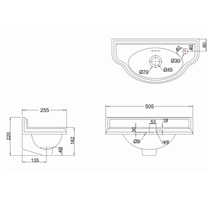 Burlington Cloakroom Раковина подвесная 51х26 см, перелив, 1 отв. под смеситель, цвет: белый глянец P13L