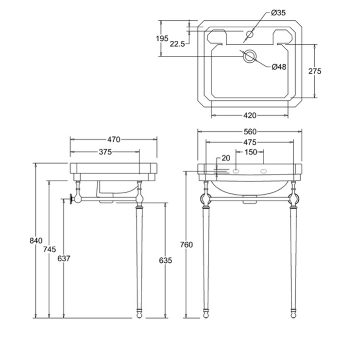 Burlington Edwardian Раковина подвесная 56х47 см, перелив, 1 отв. под смеситель, цвет: белый глянец B4 1TH