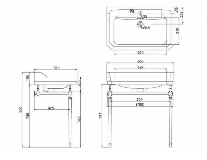 Burlington Edwardian Раковина подвесная 80х51 см, перелив, 3 отв. под смеситель, цвет: белый глянец B18 3TH