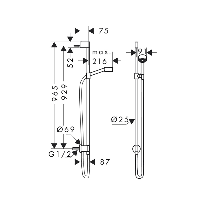 Axor One Душевой гарнитур: лейка 1 вид струи EcoSmart, штанга 96 см, шланг, цвет: матовый черный 48791670