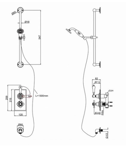 Burlington Trent Душевой комплект встра. с внутренней частью: ручной душ и штанга, цвет: хром глянец TF1H
