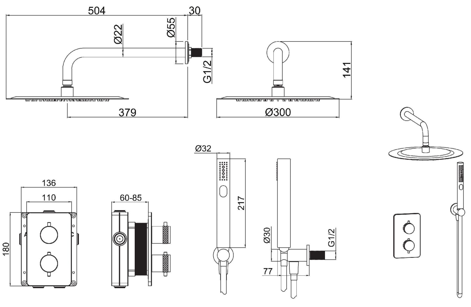 Allen Brau Priority Душевой комплект встраиваемый: термостат, верхний и ручной душ, цвет: черный мат 5.31013-31