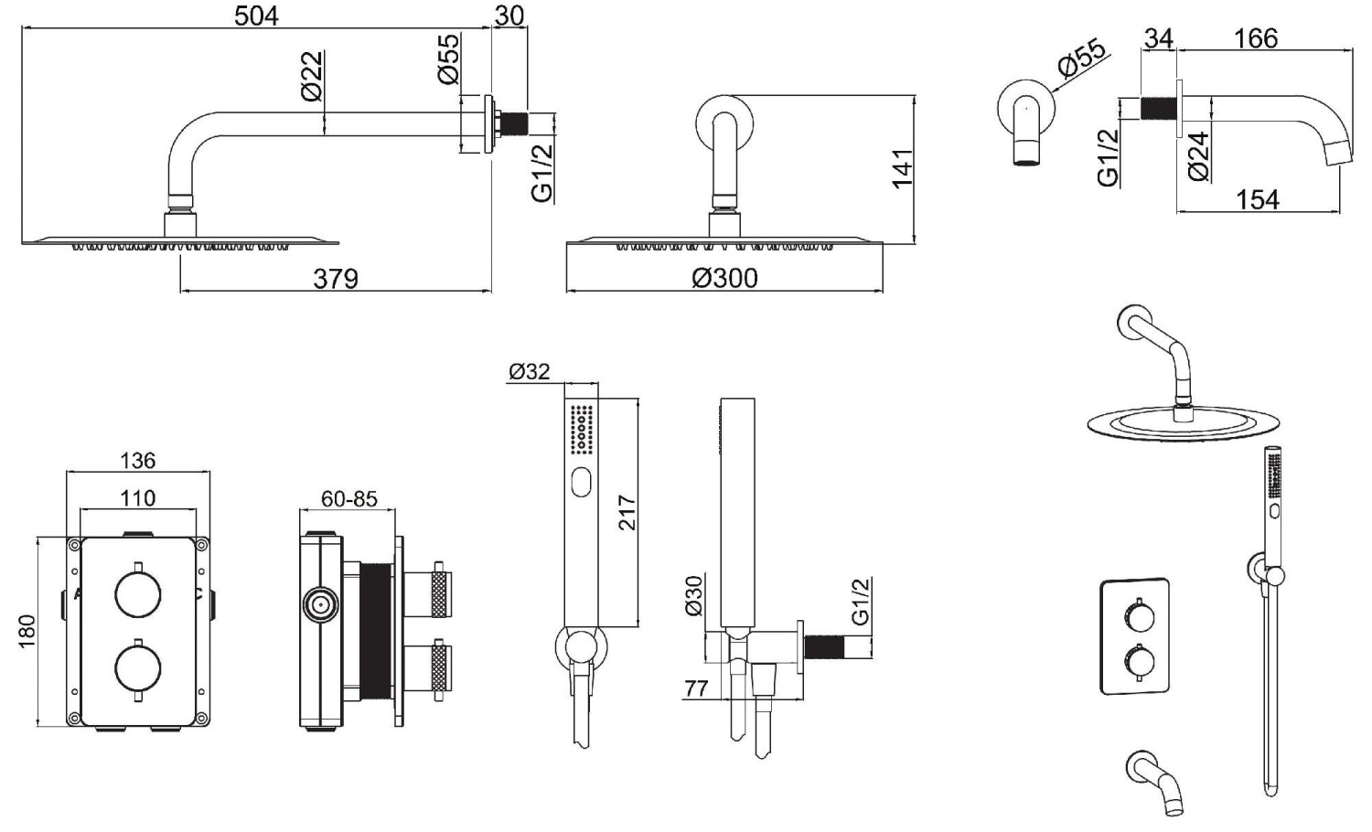 Allen Brau Priority Душевой комплект встраив.: термостат, излив, верх. и руч. душ, цвет: черный мат 5.31014-31