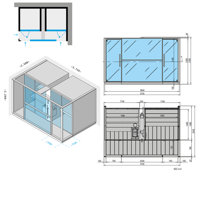 Effegibi Logica Сауна с хаммам и душем, угловая DX, 373x250xh226 см, отделка Soft Sand LO 10 01 0007