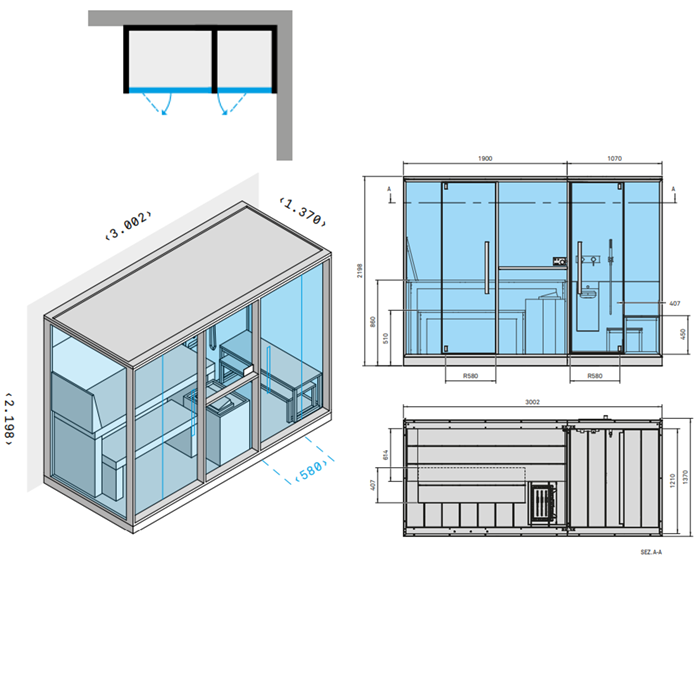 Effegibi Mid Сауна с хаммам и душем, угловая DX, 300x137xh220 см, отделка Soft Sand LO 70 01 0003