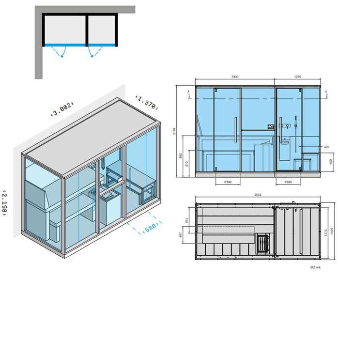 Effegibi Mid Сауна с хаммам и душем, угловая SX, 300x137xh220 см, отделка Soft Sand LO 70 01 0002