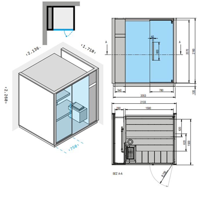 Effegibi One S Сауна уголовая L.H., SX, 214x171xh226 см, отделка Soft Sand LO 50 01 0006