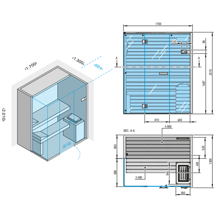 Effegibi Sky Corner 45 Био-Сауна 170x130xh201 см, DX, отделка канадский хемлок BI 55 40 0022