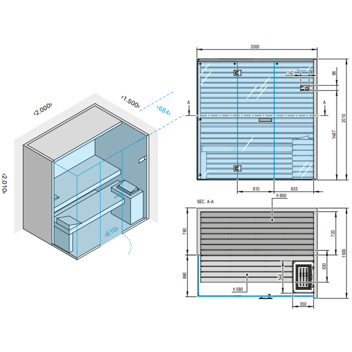 Effegibi Sky Corner 60 Био-Сауна 200x150xh201 см, DX, отделка канадский хемлок BI 55 40 0020