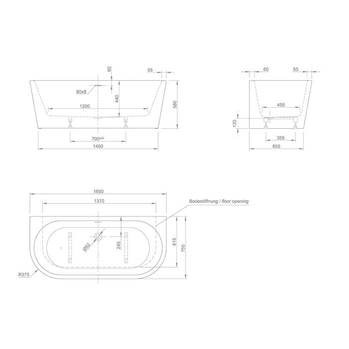 Knief Wall Corner Ванна из Acrylic пристенная 165x75xh58 см, с щелевым перел., цвет: белый глянцевый 0100-255