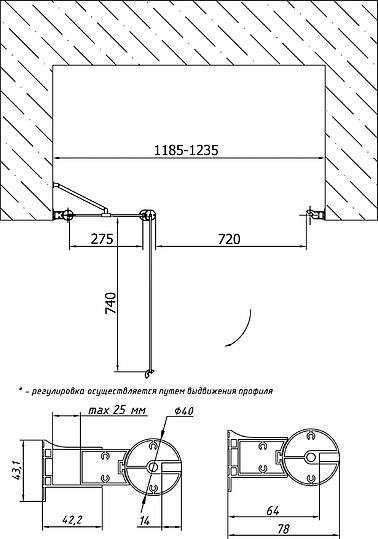 Vegas Glass Душевая дверь в нишу 120x189h см, проф. хром стекло 6мм прозр. EP-F-1 120 08 01 L