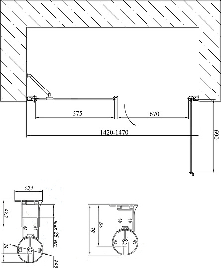 Vegas Glass Душевая дверь в нишу 145x189h см, проф. хром стекло 6мм сатин EP-F-2 145 08 10 R