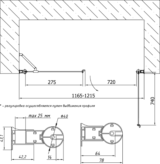 Vegas Glass Душевая дверь в нишу 120x189h см, проф. золото стекло 6мм прозр. EP-F-2 120 09 01 R