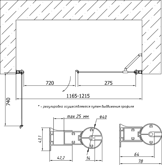 Vegas Glass Душевая дверь в нишу 120x189h см, проф. золото стекло 6мм прозр. EP-F-2 120 09 01 L