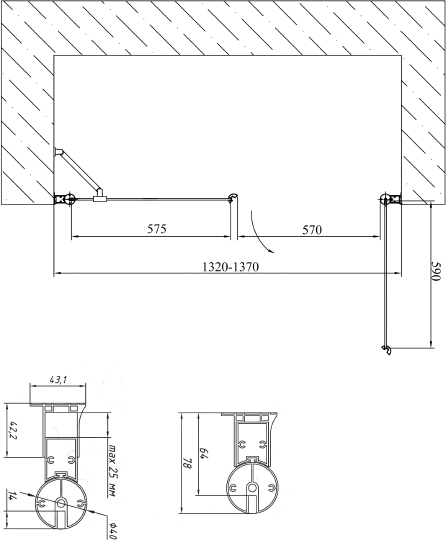 Vegas Glass Душевая дверь в нишу 135x189h см, проф. бронза стекло 6мм бронза EP-F-2 135 05 05 R
