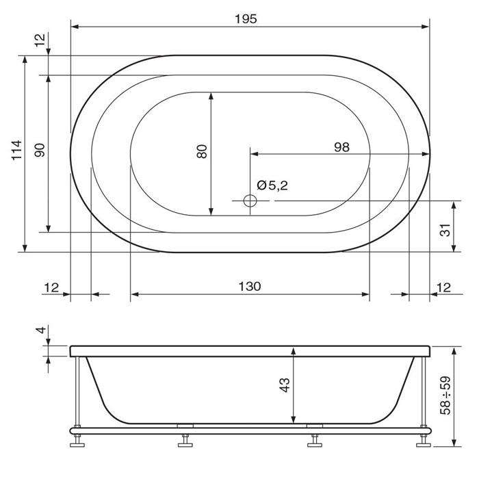 Hafro Oasy Ванна 195x115 см, без панелей Digitale, цвет: белый 2OAA1N4
