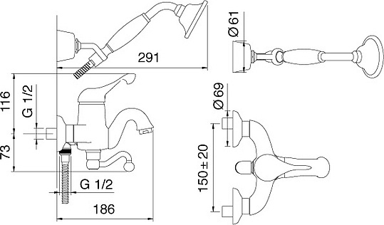 Смеситель Treemme Piccadilly  для ванны с душем 2100.DD.PL