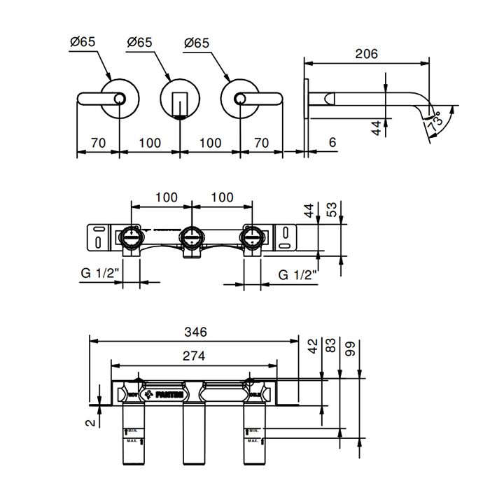 Fantini Icona Classic Смеситель для раковины, на 3 отв, излив 20 см, цвет: черный мат. 53 13 R113B