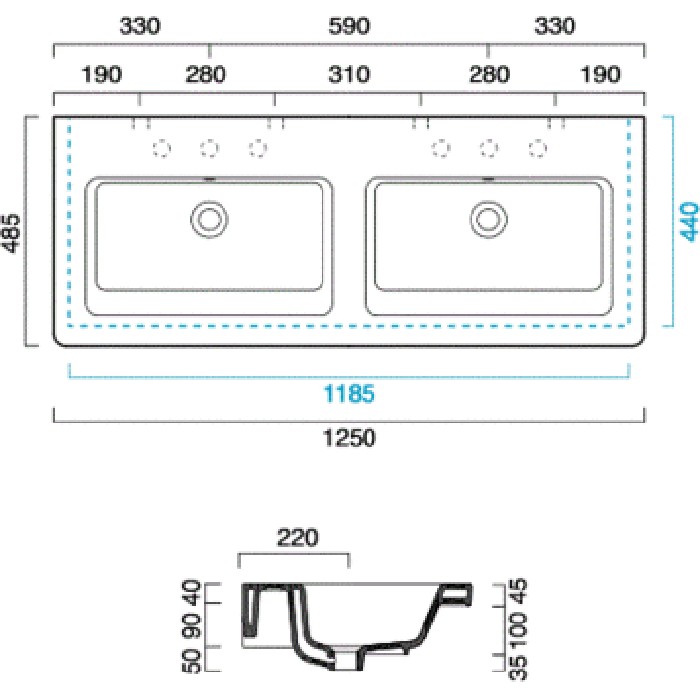Catalano Comfort Раковина подвесная 125x48x18h см, с переливом, покр. Cataglaze, цвет: белый глянц. 1125LI00