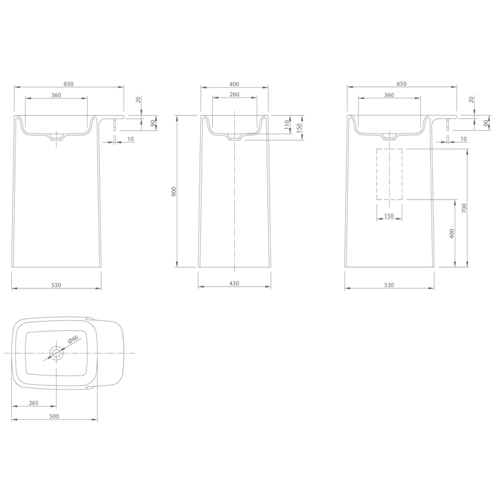 Knief Pride Раковина напольная 67х43х90h см, K-Stone, выход в пол, цвет: белый матовый 0600-071-01