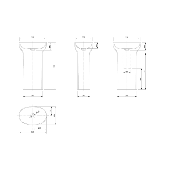 Knief Prime Раковина напольная 53х35х90h cм, K-Stone, с выходом в пол, цвет: белый матовый 0600-012-01