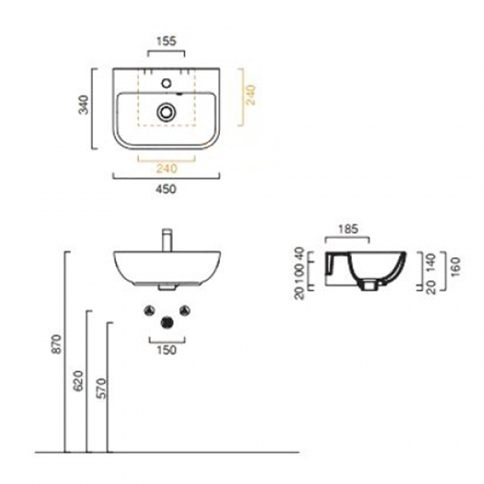 Catalano Comfort Раковина подвесная 45x34x16h см, 1 отв., с переливом, Cataglaze, цвет: белый глянц. 0720451001