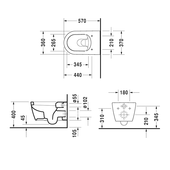 Duravit Me by Starck Унитаз 4,5 л, 37x57 см, покрытие WonderGliss, цвет: белый 25280900001