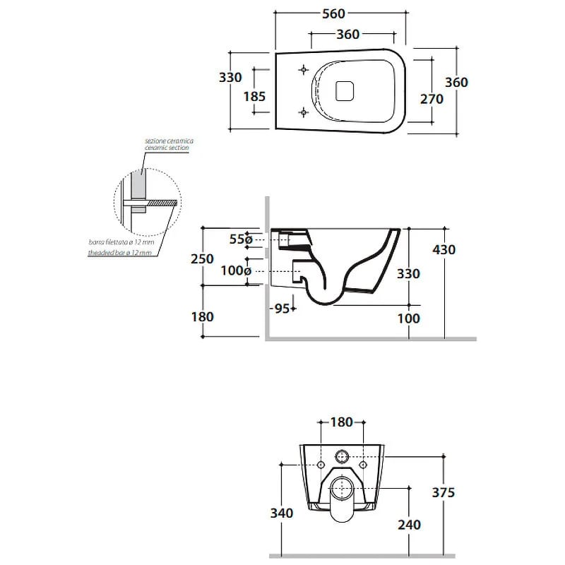 Globo Stone Унитаз подвесной безободковый, с креплением, 36х56 см, цвет: белый глянцевый STS06BI