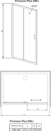 Radaway Premium Plus DWJ Душевая дверь в нишу, прозрачная 5 мм, 110х190h см, цвет: хром глянцевый 33302-01-01N