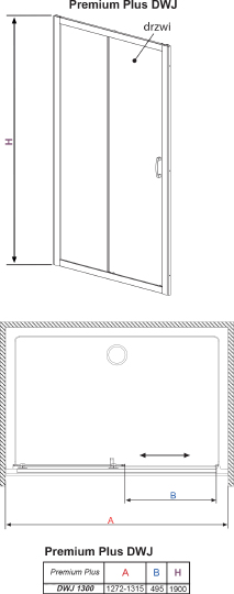 Radaway Premium Plus DWJ Душевая дверь в нишу, фабрик 5 мм, 130х190h см, цвет: хром глянцевый 33333-01-06N