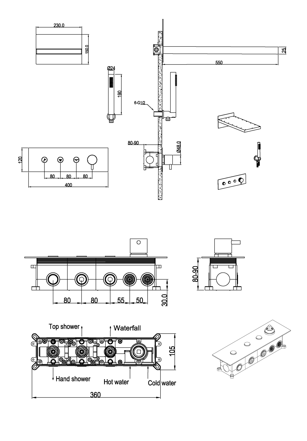 Boheme Fusion Душевой комплект встраиваемый - смеситель, верхний, ручной душ, без излив, цвет: black 130-B
